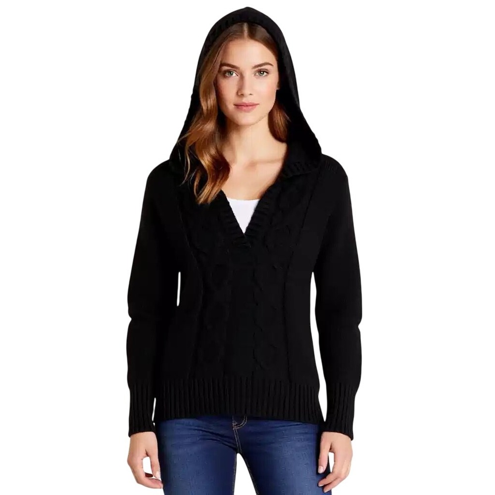 Old Navy Women Black‎ Cable Knit Hooded V Neck Sweater Long Sleeve XS NWT